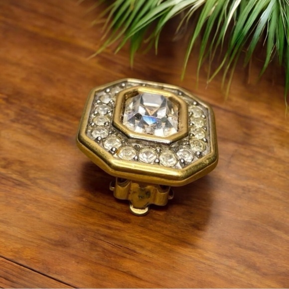 VINTAGE S.A.L. Clip-On Earring | Bold Gold Tone Rhinestone Statement Jewelry - Picture 2 of 10